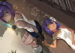 Rule 34 | 2girls, ahoge, bare arms, bare legs, bare shoulders, child assassin (fate/zero), dark-skinned female, dark skin, fate/grand order, fate (series), food, hairband, hassan of serenity (fate), highres, holding, holding food, holding hands, jikihatiman, looking at another, lying, mask, mask on head, multiple girls, open mouth, popsicle, purple eyes, purple hair, shadow, shirt, short hair, shorts, sitting, skirt, sleeping, smile