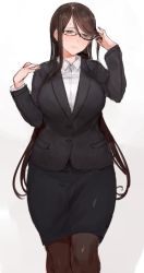 Rule 34 | 1girl, blush, breasts, brown eyes, brown hair, c.cu, curvy, formal, glasses, gradient background, grey background, large breasts, light smile, long hair, looking at viewer, original, pink background, smile, solo, suit, sweat, thighs, tsuyuhara miu, wide hips