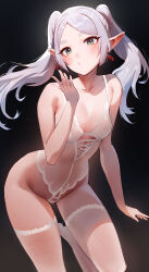 Rule 34 | 1girl, absurdres, bare shoulders, blowing kiss, blush, breasts, collarbone, earrings, elf, frieren, green eyes, grey hair, highres, jewelry, leotard, long hair, looking at viewer, parted bangs, pointy ears, puckered lips, rororo, small breasts, solo, sousou no frieren, thighhighs, thighs, twintails, white leotard, white thighhighs