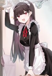 Rule 34 | 1girl, 7gao, :d, absurdres, apron, arm up, black dress, breasts, brown hair, collared dress, dress, frilled apron, frills, has bad revision, has downscaled revision, highres, huge filesize, long sleeves, looking up, maid, maid apron, maid headdress, md5 mismatch, neck ribbon, open mouth, original, red eyes, resolution mismatch, ribbon, small breasts, smile, solo, source smaller, sparkle