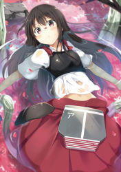 Rule 34 | 10s, 1girl, akagi (kancolle), armor, brown eyes, brown hair, japanese clothes, kantai collection, long hair, looking at viewer, madara hio, muneate, partially submerged, personification, petals, solo, water