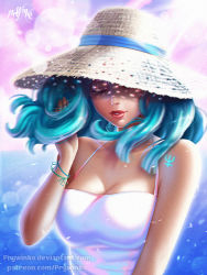 Rule 34 | 1girl, aqua hair, artist name, bare shoulders, bishoujo senshi sailor moon, blue ribbon, breasts, cleavage, closed eyes, floating hair, hat, hat over one eye, hat ribbon, kaiou michiru, light particles, light smile, neptune symbol, ocean, one eye covered, parted lips, prywinko, red lips, ribbon, short hair, solo, straw hat, sun hat, upper body, watermark, web address