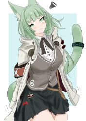 Rule 34 | 1girl, absurdres, arknights, black ribbon, black skirt, breasts, cardigan, cat tail, commentary request, cowboy shot, green eyes, green hair, grey cardigan, harmonie (arknights), highres, jacket, long hair, looking at viewer, medium breasts, miniskirt, neck ribbon, open clothes, open jacket, ribbon, shirt, skirt, solo, sora mame (princess 0sora), squiggle, standing, tail, white jacket, white shirt