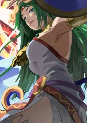 Rule 34 | 1girl, american dog wo, ancient greek clothes, bare shoulders, blue eyes, bracer, breasts, chiton, circlet, dress, from below, green hair, kid icarus, large breasts, long hair, looking at viewer, nintendo, palutena, shield, side slit, solo, staff, strapless, strapless dress, thighhighs, very long hair, white dress, white thighhighs