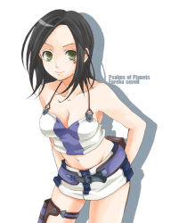 Rule 34 | 00s, 1girl, bare shoulders, belt, black hair, breasts, cleavage, collarbone, eureka seven, eureka seven (series), female focus, green eyes, groin, hands on own hips, kubyou azami, leaning forward, looking at viewer, miniskirt, navel, simple background, skirt, solo, talho yuuki, thigh strap, white background