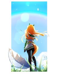 Rule 34 | 1girl, animal ears, black pantyhose, blurry, blurry foreground, clothing cutout, dabi (15dldl15), ear covers, floating hair, from behind, gloves, grass, high heels, highres, holding, holding umbrella, horse ears, horse girl, horse tail, long hair, long sleeves, orange hair, outdoors, pantyhose, pleated skirt, rain, rainbow, silence suzuka (umamusume), skirt, solo, standing, tail, tail through clothes, umamusume, umbrella, white footwear, white skirt