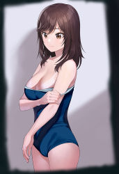 Rule 34 | 1girl, a1 (initial-g), antenna hair, blush, breasts, brown eyes, brown hair, cleavage, clothes pull, ichijou hotaru, long hair, medium breasts, non non biyori, one-piece swimsuit, one-piece swimsuit pull, one-piece tan, school swimsuit, shiny skin, solo, standing, sweat, swimsuit, tan, tanline, undressing