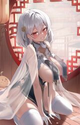 Rule 34 | 1girl, architecture, azur lane, between legs, braid, breast curtains, breasts, china dress, chinese clothes, dress, east asian architecture, emil (386), flower, garter straps, gloves, grey dress, hair flower, hair ornament, half gloves, hand between legs, highres, large breasts, looking at viewer, manjuu (azur lane), official alternate costume, pelvic curtain, red eyes, revealing clothes, ribbon between breasts, seductive smile, see-through, see-through sleeves, short hair, side braid, sirius (azur lane), sirius (azure horizons) (azur lane), sitting, smile, thighhighs, wariza, white gloves, white hair, white thighhighs