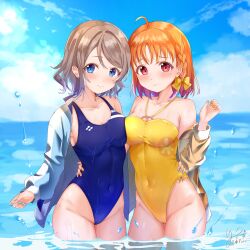 2girls absurdres ahoge artist_name blue_eyes blue_jacket blue_one-piece_swimsuit blue_sky blush breast_press breasts cleavage cloud commentary_request groin hand_on_another&#039;s_waist highleg highleg_one-piece_swimsuit highres jacket kuntze light_brown_hair light_frown long_sleeves looking_at_viewer love_live! love_live!_sunshine!! medium_breasts medium_hair multiple_girls nail_polish navel one-piece_swimsuit orange_hair orange_jacket orange_one-piece_swimsuit red_eyes signature sky smile swimsuit symmetrical_docking takami_chika watanabe_you water wet