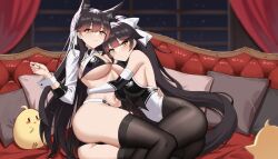 Rule 34 | 2girls, animal ears, ass, atago (azur lane), atago (stunning speedster) (azur lane), azur lane, bikini, black bikini, black gloves, black hair, black leotard, black pantyhose, black thighhighs, bodystocking, bow, breasts, couch, elbow gloves, extra ears, floppy ears, gloves, highleg, highleg bikini, highres, indoors, large breasts, leotard, long hair, looking at viewer, manjuu (azur lane), multicolored leotard, multiple girls, night, official alternate costume, on couch, otakueden1995, pantyhose, pillow, race queen, shrug (clothing), sitting, swimsuit, takao (azur lane), takao (full throttle charmer) (azur lane), thighhighs, two-tone bikini, two-tone gloves, two-tone leotard, very long hair, white bow, white gloves, white leotard, wrist cuffs, yellow eyes