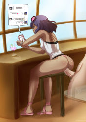 Rule 34 | 1boy, 1girl, ass, augustine sycamore, back, bare legs, bare shoulders, blue eyes, blue sky, cellphone, chair, clothed female nude male, clothed sex, clothing aside, creatures (company), cum, cum on pussy, cup, dark skin, deareditor, drink, drinking straw, eyewear on head, game freak, hetero, highres, indoors, interracial, legs, lips, lipstick, makeup, multitasking, nintendo, no pants, nude, panties, panties aside, phone, pink lips, pink panties, pokemon, pokemon sm, purple hair, pussy, sandals, sex, sina (pokemon), sitting, sky, smartphone, sunglasses, sweat, table, tank top, text messaging, thighs, uncensored, underwear, vaginal, window, z-ring
