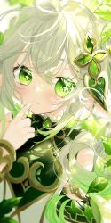 Rule 34 | 1girl, absurdres, blush, closed mouth, cross-shaped pupils, detached sleeves, dress, finger to mouth, gen arare, genshin impact, gold trim, gradient hair, green eyes, green hair, green sleeves, hair ornament, hand up, highres, leaf hair ornament, long hair, looking at viewer, multicolored hair, nahida (genshin impact), pointy ears, ponytail, side ponytail, sidelocks, sleeveless, sleeveless dress, smile, solo, symbol-shaped pupils, upper body, white dress, white hair