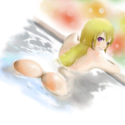 Rule 34 | 1girl, ass, blonde hair, closed mouth, image sample, long hair, looking at viewer, looking back, mario (series), microsd (pibo), nintendo, partially submerged, pixiv sample, princess peach, purple eyes, resized, smile, solo, super mario bros. 1, water, wet