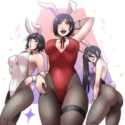 Rule 34 | 3girls, ada wong, animal ears, arm behind head, ass, backless leotard, black hair, bleach, breasts, brown eyes, choker, color connection, covered navel, crossover, dangerousbride, devil may cry (series), easter, female focus, green eyes, heterochromia, highleg, highleg leotard, highres, kuchiki rukia, lady (devil may cry), leotard, long hair, looking at viewer, multiple girls, open mouth, pantyhose, playboy bunny, purple eyes, purple leotard, rabbit ears, rabbit tail, red eyes, red leotard, red nails, resident evil, ribbon, scar, scar on face, short hair, side ponytail, small breasts, smile, standing, strapless, strapless leotard, tail, thigh strap, thong, thong leotard, trait connection, white choker, white leotard, wrist cuffs