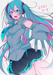 Rule 34 | 1girl, absurdres, aqua eyes, aqua hair, blue eyes, blue hair, blush, dated, detached sleeves, hatsune miku, headphones, highres, long hair, looking at viewer, miku day, mitsuki tayura, necktie, open mouth, shirt, simple background, skirt, smile, solo, thighhighs, twintails, very long hair, vocaloid