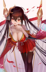 Rule 34 | 1girl, absurdres, ahoge, azur lane, bare shoulders, black hair, black thighhighs, breasts, cleavage, crossed bangs, finger to mouth, hair between eyes, hair ornament, hands up, highres, japanese clothes, kimono, large breasts, long hair, long sleeves, looking at viewer, mask, mask on head, red eyes, red kimono, red skirt, shigma, simple background, skirt, solo, taihou (azur lane), thighhighs, tongue, tongue out, twintails, white background