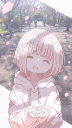 Rule 34 | 2boys, 3girls, :d, ^ ^, absurdres, blunt bangs, bob cut, border, cherry blossoms, closed eyes, collarbone, commentary request, day, hatching (texture), head tilt, highres, holding, holding petal, hood, hood down, hoodie, light blush, multiple boys, multiple girls, omochi noa, open mouth, original, outdoors, petals, photo (medium), photo background, smile, solo focus, spring (season), tree, upper body, white background, white border, white hair, white hoodie