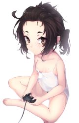 Rule 34 | 1girl, bare legs, bare shoulders, barefoot, black hair, black panties, breasts, brown eyes, closed mouth, commentary request, controller, dev (dev0614), dualshock, full body, game controller, gamepad, hair ornament, highres, looking at viewer, mole, mole on breast, no bra, no pants, original, panties, playstation controller, ponytail, shirt, simple background, sitting, small breasts, solo, spaghetti strap, strap slip, thick eyebrows, underwear, white background, white shirt