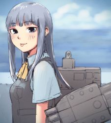 Rule 34 | 1girl, :p, bad id, bad twitter id, blue eyes, blue hair, blunt bangs, blush, day, grey vest, hatsukaze (kancolle), highres, kantai collection, long hair, outdoors, pocket, rigging, sakieko, school uniform, shirt, short sleeves, sky, solo, tongue, tongue out, upper body, vest, white shirt, yellow neckwear
