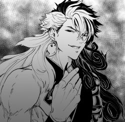 Rule 34 | 1boy, ashiya douman (fate), asymmetrical clothes, curly hair, earrings, evil grin, evil smile, fate/grand order, fate (series), fingernails, greyscale, grin, hair between eyes, highres, hourinoki, jewelry, long hair, magatama, magatama earrings, male focus, monochrome, multicolored hair, sharp fingernails, smile, solo, split-color hair, squinting, toned, toned male, two-tone hair, upper body