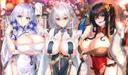Rule 34 | 3girls, absurdres, ahoge, arm under breasts, azur lane, bare shoulders, bird, black hair, black panties, blue eyes, blue ribbon, blurry, blurry background, blush, braid, breast curtains, breasts, bridal gauntlets, bursting breasts, cherry blossoms, china dress, chinese clothes, cleavage, cleavage cutout, closed mouth, clothes pull, clothing cutout, commentary, dress, dress pull, feather boa, flower, folding fan, garter straps, gloves, grey dress, hair between eyes, hair flower, hair ornament, half gloves, hand fan, highres, huge breasts, illustrious (azur lane), illustrious (maiden lily&#039;s radiance) (azur lane), lantern, large breasts, long hair, looking at viewer, low twintails, multiple girls, neckwear between breasts, nez-box, official alternate costume, one side up, open mouth, panties, paper lantern, peacock, pelvic curtain, red dress, red eyes, revealing clothes, ribbon, see-through, short hair, side braid, side slit, signature, sirius (azur lane), sirius (azure horizons) (azur lane), smile, taihou (azur lane), taihou (phoenix&#039;s spring song) (azur lane), tassel, twintails, underwear, white dress, white gloves, white hair