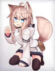 Rule 34 | 1girl, :d, animal ears, black thighhighs, blue eyes, claw pose, dog ears, dog tail, fang, full body, highres, hood, hood down, hoodie, kneeling, light brown hair, long sleeves, no pants, open mouth, original, reitou mikan, short hair with long locks, sleeves past wrists, smile, solo, tail, thighhighs, zettai ryouiki