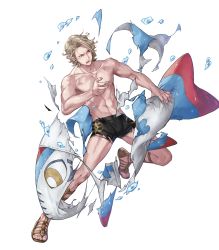 Rule 34 | 1boy, abs, blonde hair, fire emblem, fire emblem fates, fire emblem heroes, full body, highres, injury, lilith (fire emblem), male focus, navel, nintendo, official art, open mouth, orange eyes, p-nekor, sandals, solo, swimsuit, teeth, topless male, torn clothes, transparent background, water, xander (fire emblem), xander (summer) (fire emblem)