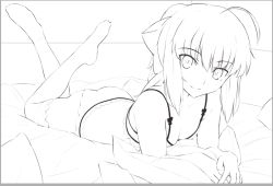 Rule 34 | 1girl, ahoge, artoria pendragon (all), artoria pendragon (fate), ass, bad id, bad pixiv id, bed, bed sheet, bow, bra, breasts, cleavage, closed mouth, collarbone, eyebrows, fate/stay night, fate (series), feet up, greyscale, hair bow, head tilt, lineart, looking at viewer, lying, magicians (zhkahogigzkh), monochrome, on bed, on stomach, panties, pillow, saber (fate), short hair, simple background, small breasts, smile, solo, thighhighs, tsurime, underwear, underwear only, white background