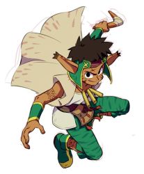 Rule 34 | 1boy, boomerang, brown hair, cape, closed mouth, dark-skinned male, dark skin, facial mark, grandia, grandia i, green pants, looking at viewer, nemurism, pants, pointy ears, rapp (grandia), simple background, smile, solo, tattoo, weapon, white background, wristband