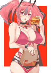 Rule 34 | 1girl, absurdres, azur lane, bag, bare shoulders, belt, bikini, black choker, black shorts, blush, breasts, bremerton (azur lane), burger, choker, cleavage, collarbone, commentary request, cowboy shot, drop shadow, eagle union (emblem), fingernails, food, front-tie bikini top, front-tie top, grey belt, grey hair, hair between eyes, hair intakes, hair ornament, highleg, highleg bikini, highres, holding, holding bag, holding food, kitajii, large breasts, lifebuoy ornament, long fingernails, long hair, looking at viewer, midriff, mole, mole on breast, mole under eye, multicolored hair, nail polish, open mouth, paper bag, pink bikini, pink eyes, pink hair, pink nails, red background, short shorts, shorts, side-tie bikini bottom, sidelocks, simple background, skindentation, solo, standing, streaked hair, swimsuit, teeth, thigh strap, twintails, two-tone hair, upper teeth only, wristband
