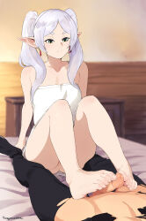 Rule 34 | 1boy, 1girl, barefoot, cleft of venus, earrings, elf, feet, footjob, frieren, green eyes, hetero, highres, indoors, jewelry, long hair, penis, pointy ears, pussy, sex, sitting, soles, solo focus, sousou no frieren, squeezable (squeezabledraws), toenails, toes, twintails, two-footed footjob, uncensored, white hair