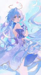 Rule 34 | 1girl, absurdres, air bubble, aqua eyes, bare shoulders, bubble, commentary, detached sleeves, dress, facial mark, falling feathers, feathers, floating hair, from side, gloves, hair between eyes, halo, hand up, head wings, highres, honkai: star rail, honkai (series), iinagi (kashiwa keira), long hair, looking at viewer, parted lips, purple wings, robin (honkai: star rail), short sleeves, solo, standing, white dress, white gloves, wings