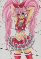 Rule 34 | 10s, 1girl, armpits, arms behind head, blue eyes, blush, bow, brooch, choker, crop top, cure melody, heart, houjou hibiki, jewelry, long hair, looking at viewer, magical girl, midriff, navel, pink hair, pink thighhighs, precure, shiny skin, skindentation, smile, solo, suite precure, thighhighs, twintails, yutakasan-love