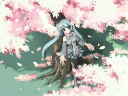 Rule 34 | 1girl, aqua eyes, aqua hair, bad id, bad pixiv id, cherry blossoms, detached sleeves, female focus, from above, hatsune miku, long hair, nature, necktie, outdoors, petals, skirt, solo, thighhighs, twintails, vocaloid, zettai ryouiki