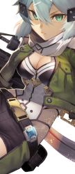 Rule 34 | 1girl, anti-materiel rifle, aqua hair, belt, bolt action, breasts, cleavage, commentary, cropped jacket, duplicate, green eyes, groin, gun, gun sling, hair between eyes, highres, looking at viewer, medium breasts, nakamura eight, pgm hecate ii, rifle, scarf, short hair, short shorts, shorts, sinon, slit pupils, sniper rifle, solo, sword art online, weapon, white background, white scarf