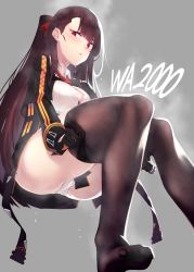 Rule 34 | 1girl, asymmetrical bangs, between breasts, black gloves, black pantyhose, black skirt, blush, breasts, brown hair, character name, closed mouth, clothes pull, collared shirt, cropped jacket, dev (dev0614), dressing, from below, full body, girls&#039; frontline, gloves, grey background, high-waist skirt, highres, invisible chair, jacket, long hair, long sleeves, looking at viewer, medium breasts, necktie, one side up, open clothes, open jacket, panties, pantyhose, pantyhose pull, purple eyes, red necktie, revision, shirt, simple background, sitting, skirt, solo, steam, steaming body, sweat, thighs, tsurime, underbust, underwear, wa2000 (girls&#039; frontline), white panties, white shirt