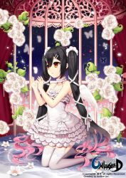 Rule 34 | 1girl, bad id, bad pixiv id, bare shoulders, black hair, black joa, brown eyes, bug, butterfly, choker, dress, flower, frilled dress, frills, garter straps, gradient hair, hair ornament, highres, insect, kneeling, lace, long hair, multicolored hair, orange eyes, pink hair, solo, thighhighs, twintails, unleashed, very long hair, white dress, white thighhighs, zettai ryouiki