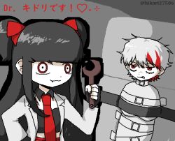 Rule 34 | 1boy, 1girl, annoyed, artist name, bags under eyes, black hair, black thighhighs, clenched teeth, closed mouth, coat, crossed arms, gloves, grey background, hair ribbon, holding, igaku (utau), jitome, lab coat, long hair, looking at viewer, messy hair, multicolored hair, necktie, ramdaram, red eyes, red necktie, red ribbon, red skirt, red streaks, ribbon, short hair, short twintails, signature, simple background, skirt, smile, straitjacket, streaked hair, teeth, thighhighs, twintails, twitter, twitter username, two side up, unhappy, unkempt, very long hair, white coat, white hair, wrench