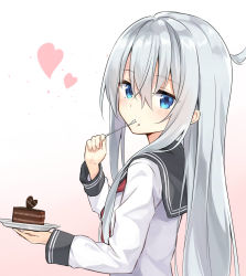 Rule 34 | 10s, 1girl, absurdres, azuuru (azure0608), blue eyes, blush, cake, chocolate cake, eating, food, food on face, heart, hibiki (kancolle), highres, kantai collection, long hair, looking at viewer, looking back, plate, school uniform, serafuku, silver hair, solo, spoon, upper body, utensil in mouth, valentine