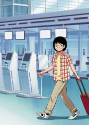 Rule 34 | 1girl, airport, aragon honnin, blush, brown pants, closed mouth, freckles, full body, glasses, grey-framed eyewear, highres, original, pants, rolling suitcase, shirt, short sleeves, smile, solo, suitcase, walking, yellow shirt