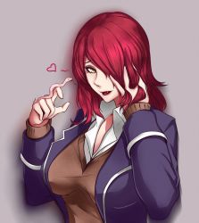 Rule 34 | 10s, 1girl, :3, :d, blazer, breasts, fang, hair over one eye, heart, highres, jacket, kobayashi rindou, large breasts, lips, long hair, looking at viewer, nofuture, open mouth, red hair, school uniform, shokugeki no souma, slit pupils, smile, snake, solo, yellow eyes