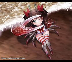 Rule 34 | 10s, 1girl, antennae, beach, brown hair, cleiooo, crab claw, extra eyes, extra legs, female focus, hair ribbon, monster girl, one eye closed, ribbon, solo, thighhighs, twintails, v, water, wixoss