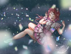 Rule 34 | 1girl, artist name, artist request, blush, bow, collared dress, collared shirt, dress, female focus, floating, floating hair, full body, hair bow, highres, long hair, looking at viewer, love live!, love live! sunshine!!, monaka cyoko, multicolored clothes, multicolored skirt, necktie, night, night sky, pink dress, polka dot, polka dot bow, polka dot neckwear, polka dot shirt, polka dot skirt, puffy sleeves, red hair, sakurauchi riko, scrunchie, shirt, skirt, sky, solo, wrist scrunchie, yellow eyes