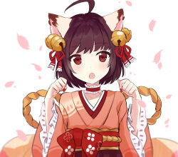 Rule 34 | 1girl, ahoge, animal ears, bell, brown eyes, brown hair, chiyutori, choker, floral background, hair ribbon, highres, ichihime, japanese clothes, kimono, long sleeves, looking at viewer, mahjong soul, open mouth, petals, red ribbon, ribbon, rope, shimenawa, short hair, solo, upper body, white background
