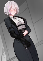 Rule 34 | 1girl, absurdres, belt, black belt, black gloves, black jacket, black pants, black suit, blush, breasts, chinese commentary, closed eyes, closed mouth, collared shirt, cowboy shot, dutch angle, formal, gloves, grey hair, highres, jacket, liv (punishing: gray raven), mechanical arms, medium breasts, multicolored hair, pants, punishing: gray raven, purple hair, shirt, shirt tucked in, short hair, single mechanical arm, smile, solo, standing, suit, tiankong pie ai, two-tone hair, underbust, white shirt, wing collar