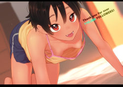 Rule 34 | 1girl, all fours, azuse neko, black hair, blue shorts, blush, breasts, downblouse, extended downblouse, fang, hanging breasts, letterboxed, looking at viewer, milestone celebration, nipple slip, nipples, no bra, open mouth, original, red eyes, short hair, shorts, small breasts, solo, tank top, thank you, yellow tank top