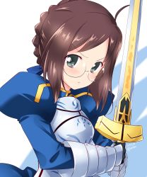 Rule 34 | 1girl, ahoge, armor, armored dress, artoria pendragon (all), artoria pendragon (fate), blue dress, braid, brown eyes, brown hair, closed mouth, commentary, cosplay, crown braid, dated, dress, excalibur (fate/stay night), fate/stay night, fate (series), frown, gauntlets, girls und panzer, glasses, gloves, grey gloves, highres, holding, holding sword, holding weapon, juliet sleeves, kuzuryuu kennosuke, long sleeves, looking at viewer, nilgiri (girls und panzer), one-hour drawing challenge, puffy sleeves, round eyewear, saber (fate), saber (fate) (cosplay), short hair, simple background, solo, swept bangs, sword, twitter username, upper body, weapon, white background