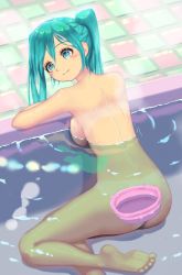 Rule 34 | 00s, 1girl, aqua eyes, aqua hair, ass, back, backboob, bare back, barefoot, blush, breast press, breasts, closed mouth, convenient censoring, dimples of venus, feet, hair between eyes, hatsune miku, highres, koba (furikake-p), light smile, long hair, matching hair/eyes, medium breasts, nude, partially submerged, solo, tiles, twintails, vocaloid, water, wet, wet hair