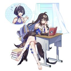 Rule 34 | 2girls, ahoge, bare shoulders, barefoot, barefoot sandals (jewelry), blue eyes, blue hair, book, chair, closed eyes, crossed legs, curtains, desk, fingerless gloves, full body, gloves, hair between eyes, hairband, honkai (series), honkai impact 3rd, long hair, multicolored hair, multiple girls, official art, open book, seele (alter ego), seele vollerei, short hair, sitting, third-party source, transparent background, two-tone hair, upside-down book, window