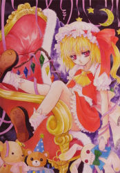 Rule 34 | 1girl, ascot, blonde hair, blush, rabbit, chair, female focus, flandre scarlet, red eyes, sagami, short hair, side ponytail, solo, stuffed animal, stuffed toy, teddy bear, embodiment of scarlet devil, touhou, traditional media, wings